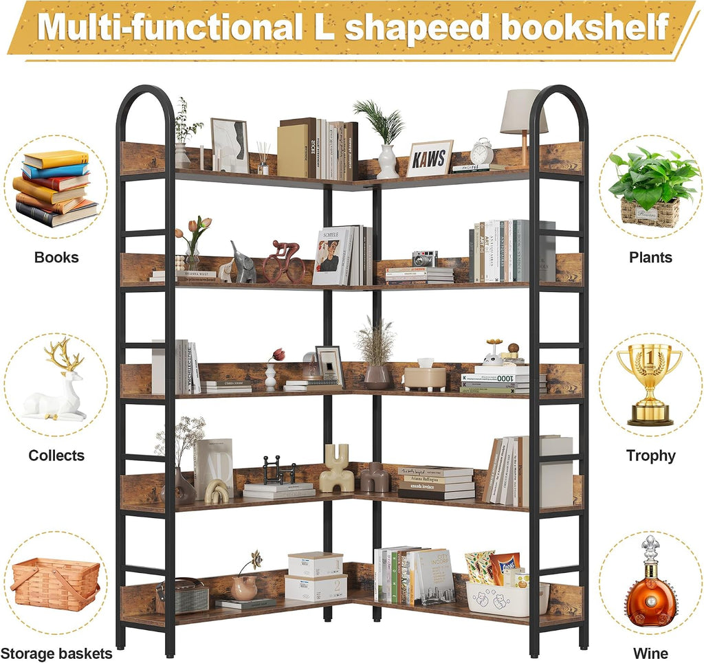 5 Tiers Tall Corner Bookshelf, Large Heavy Duty Industrial Corner Bookcase with Metal Frame, L Shaped Bookshelves and Bookcases Etagere Bookcase Display Storage Shelves for Living Room, Brown