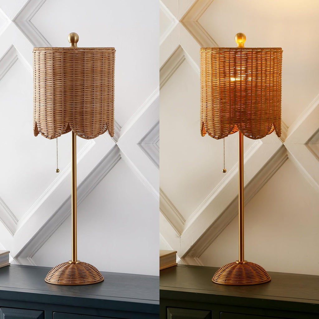 JONATHAN Y 27.5' Brass Gold Coastal Buffet Table Lamp Set of 2 for Bedroom, Boho Table Lamps with Natural Rattan Scalloped Shade, Pull Chain, LED Bulbs Included JYL1138A-SET2