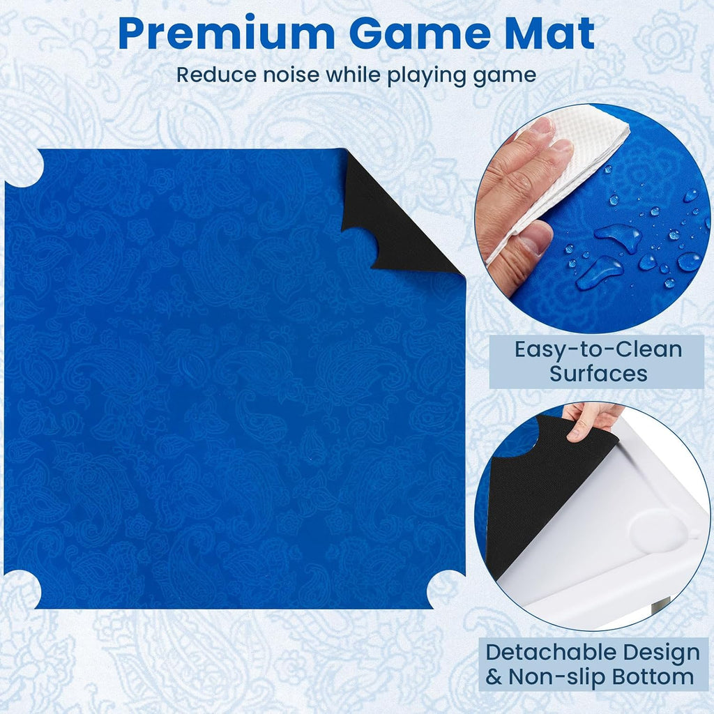 Goplus Mahjong Table, 35' Square Folding Card Table w/4Cup Holders, Anti Slip Mat, HDPE Tabletop, Metal Legs, Portable Mahjong Game Table for Domino Game, Picnic (Navy, Table w/Removable Mat)