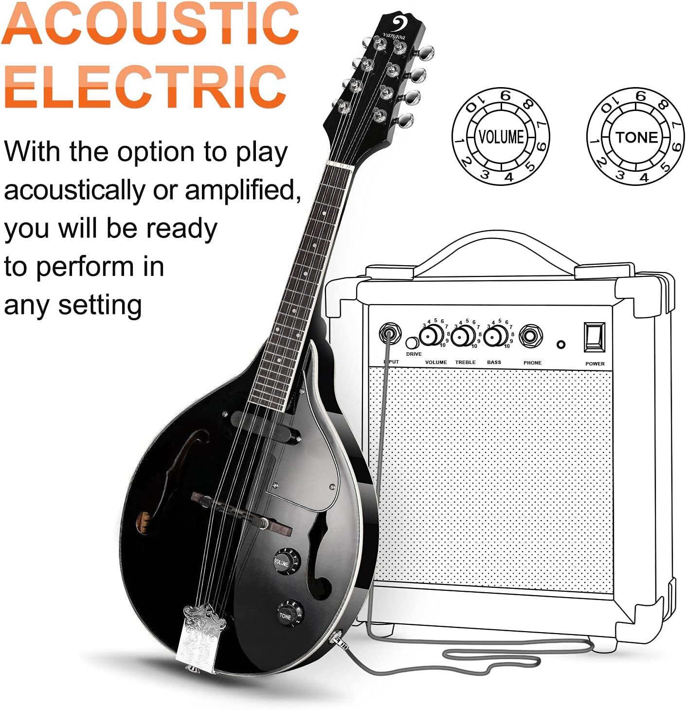 Vangoa Mandolin Instrument Mahogany Acoustic Electric A Style Mandolin Musical Instrument for Beginner Adults Teens Kids, Black