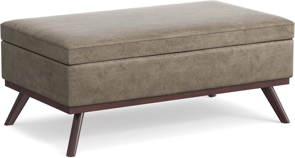 SIMPLIHOME Owen Lift Top Coffee Table Storage Ottoman - 42 inch Wide Upholstered Vegan Leather Rectangular Lift-Top Ottoman in Distressed Smoky Grey Brown, Mid-Century Modern Ottoman for Living Room