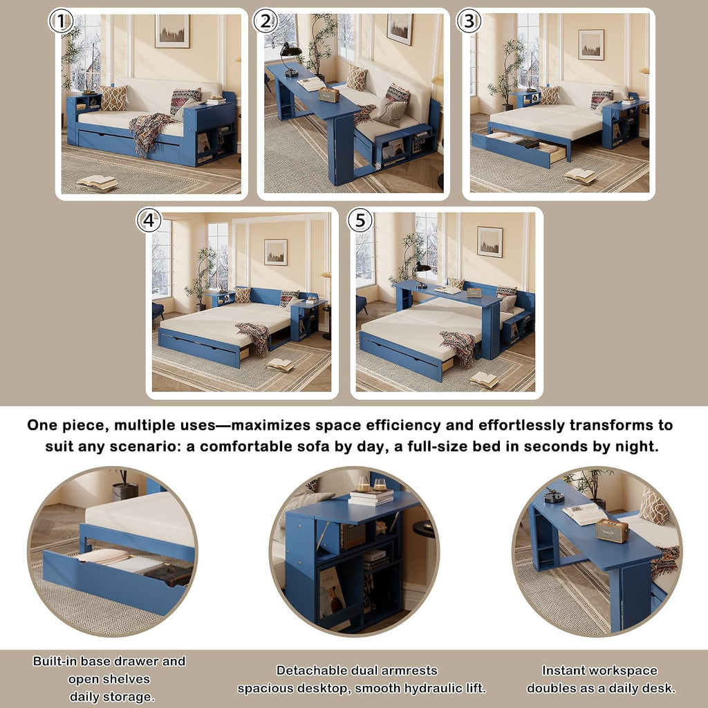 Wood Daybed Full Size with Removable Desk and Extendable Armrests, 4-in-1 Multifunctional Design Daybed Sofa Bed with Storage Drawers & Hydraulic Side Table (Blue-11.27, Full)