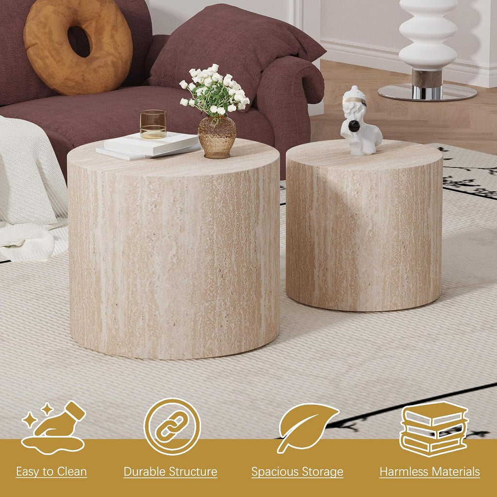 Round Coffee Table Set of 2 Modern Nesting Coffee Tables Wooden Drum Coffee Tables with Non-Slip Feet, Circle Nesting Tables End Table for Living Room Office, No Assembly (Travertine 18.11'+14.57')