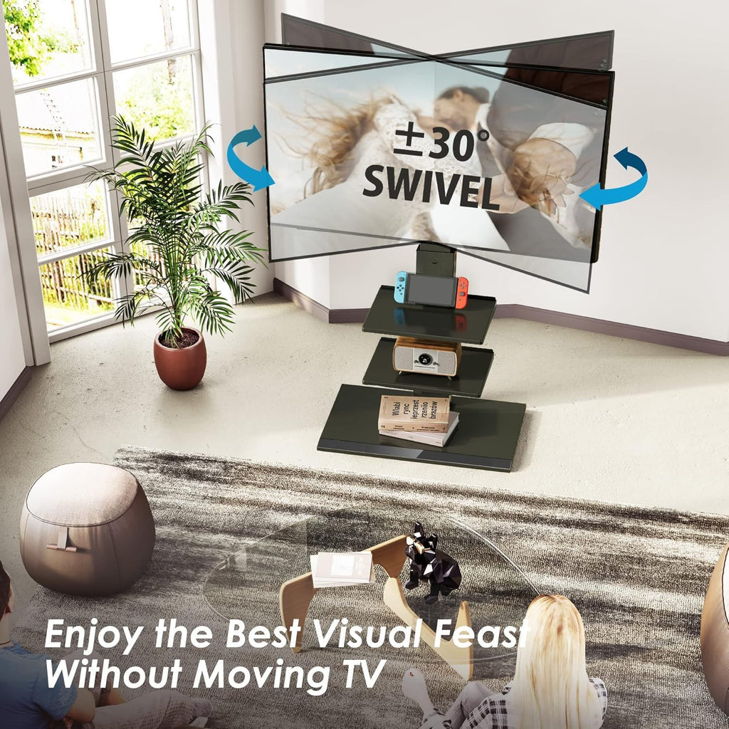 FITUEYES Iron Base Universal Floor TV Stand with Swivel Tilt, TV Mount Stand for 32-75 Inch Screens, Corner TV Stand with Height Adjustable Entertainment Shelves (Black)
