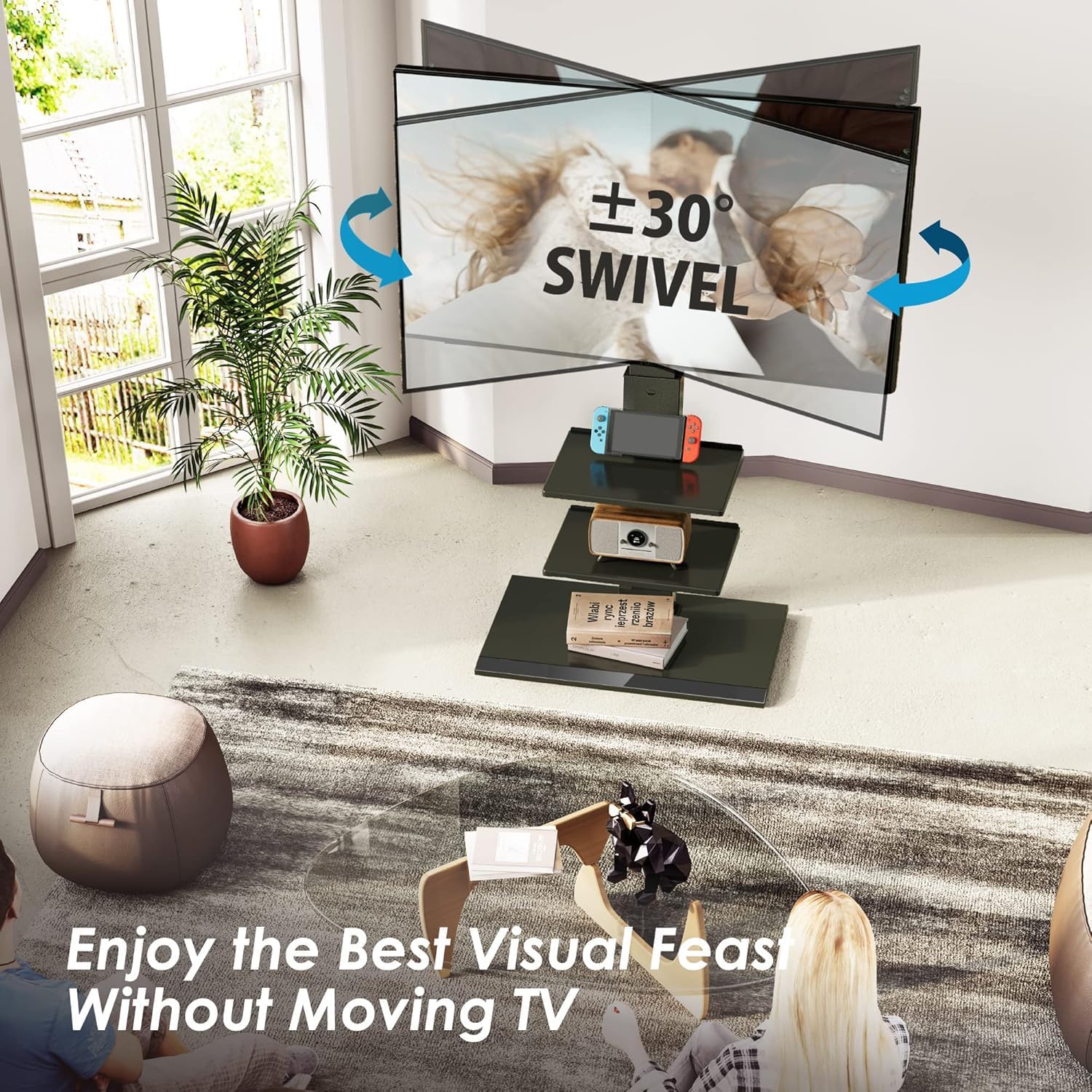 FITUEYES Iron Base Universal Floor TV Stand with Swivel Tilt, TV Mount Stand for 32-75 Inch Screens, Corner TV Stand with Height Adjustable Entertainment Shelves (Black)