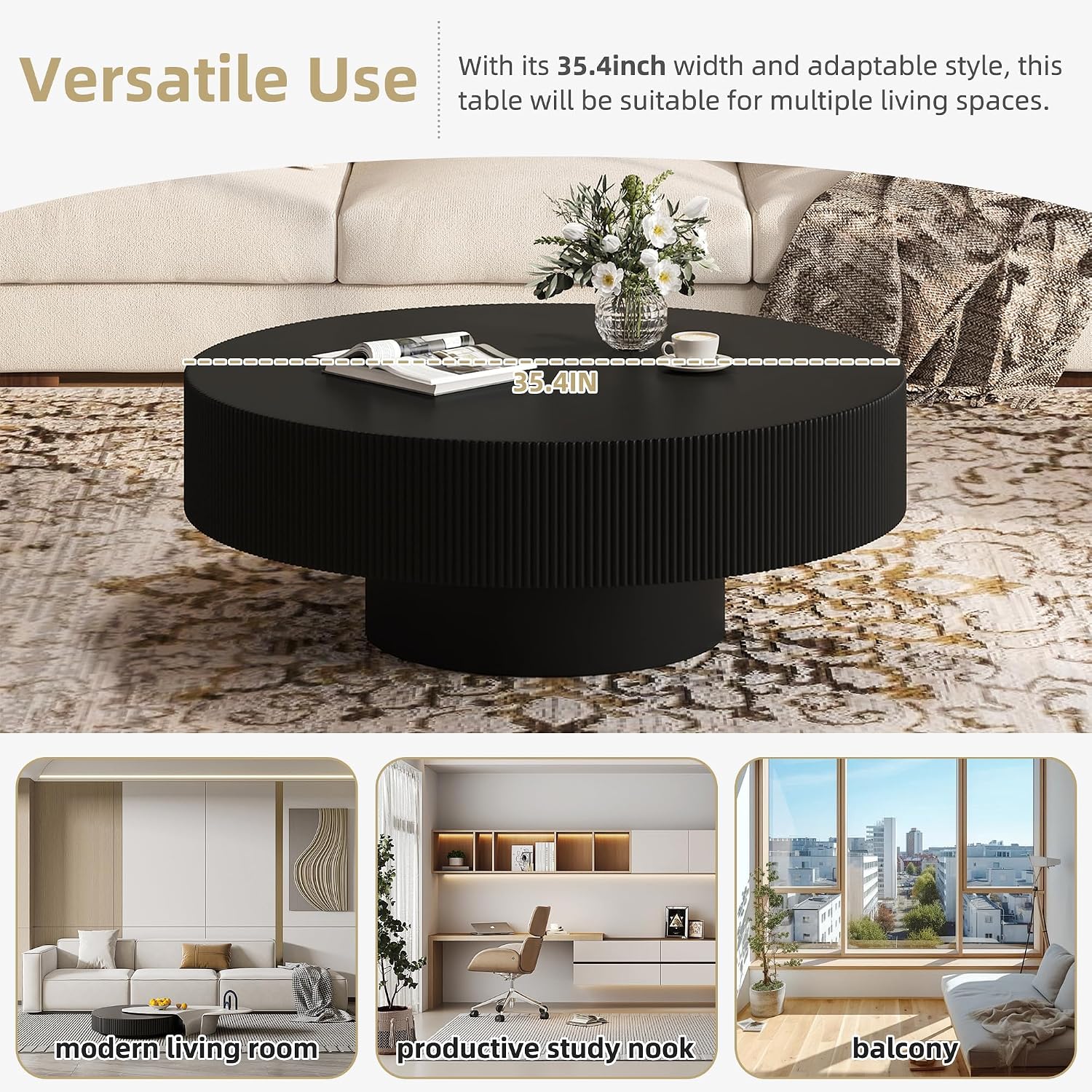SOFTSEA Round Coffee Table for Living Room, Modern Drum Center Table, Fluted Side Table with Sturdy Base for Bedroom, Office, Apartment, 35.4'L x 35.4'W x 16.7'H, Black