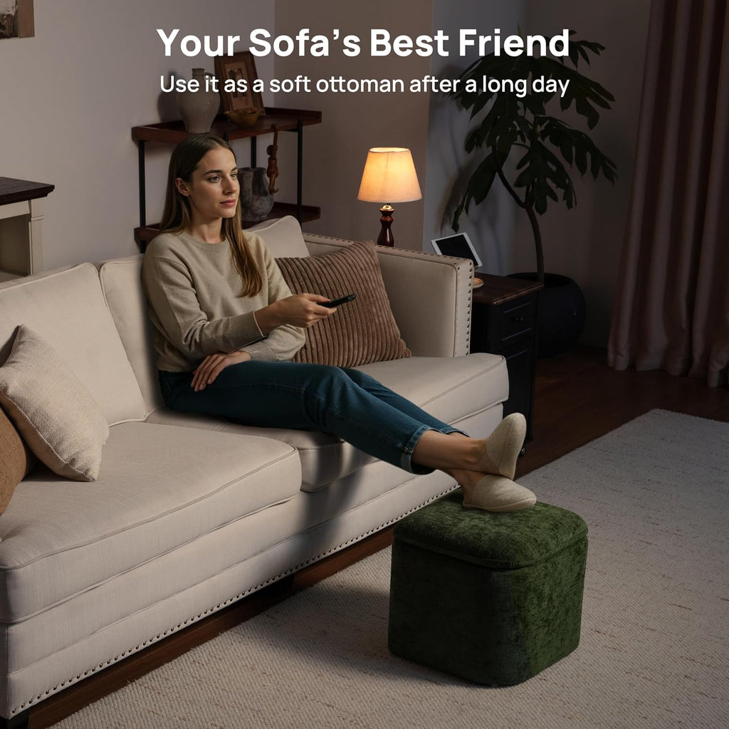 Square Coffee Table with Stools Underneath, Wood Ottoman Coffee Tables with 4 Chenille Storage Ottomans & Seats, Mid-Century Modern Coffee Table with Chairs for Living Room, Small Space, Walnut&Green