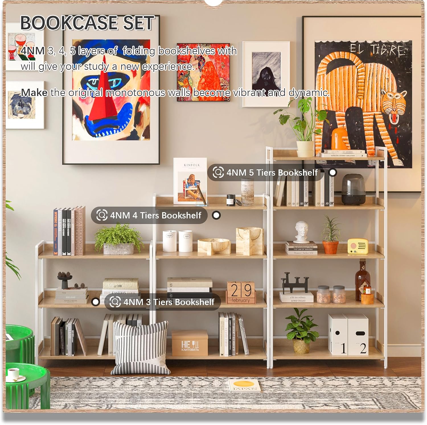 4NM Extra Wdie No Assembly Folding Bookshelf, 34' H x 30.9' W, 3 Tier Collapsible Book Shelf Bookcase Foldable Shelves for Bedroom Living Room Home Office - Cloud Oak & White