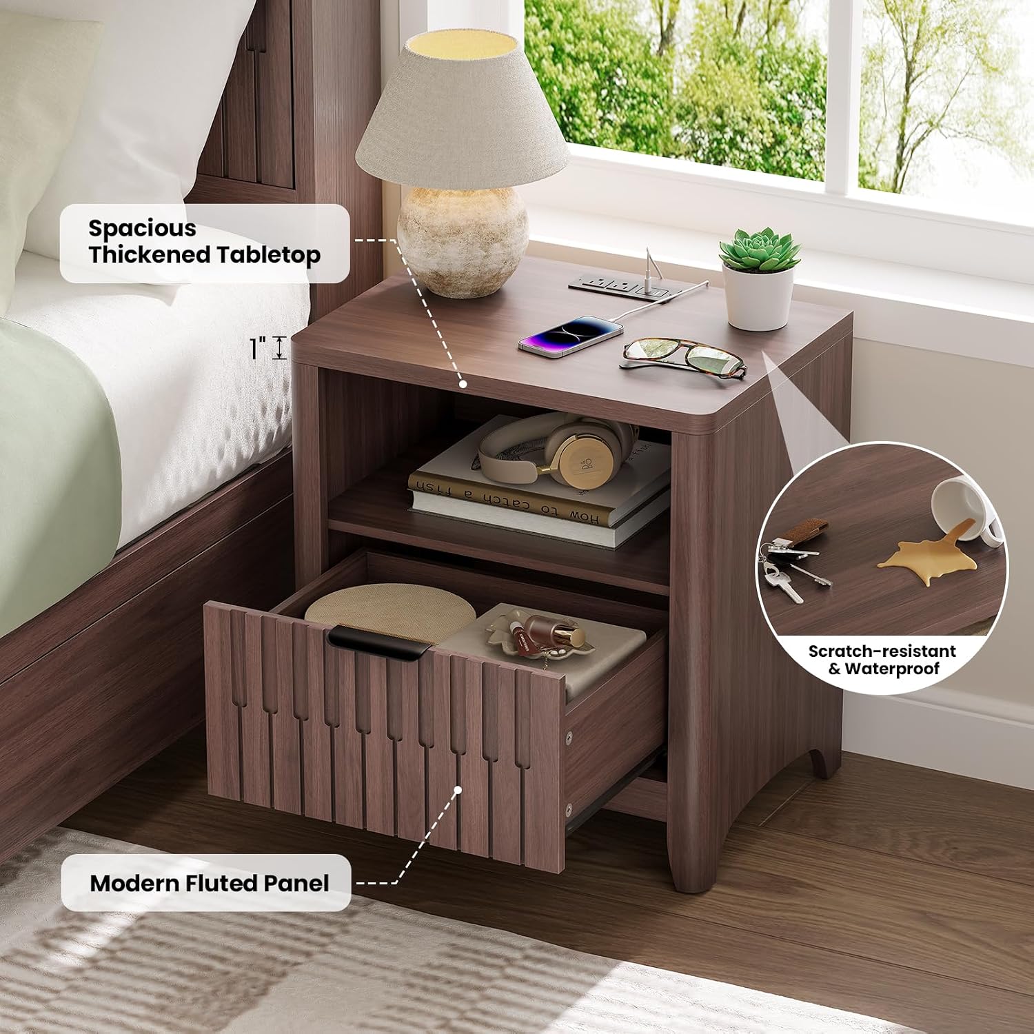 Fluted Nightstand Set of 2 with Charging Station, Modern Bedside Table with Storage Drawer, Open Shelf & Curved Corner, Night Stand End Side Table for Bedroom, Walnut