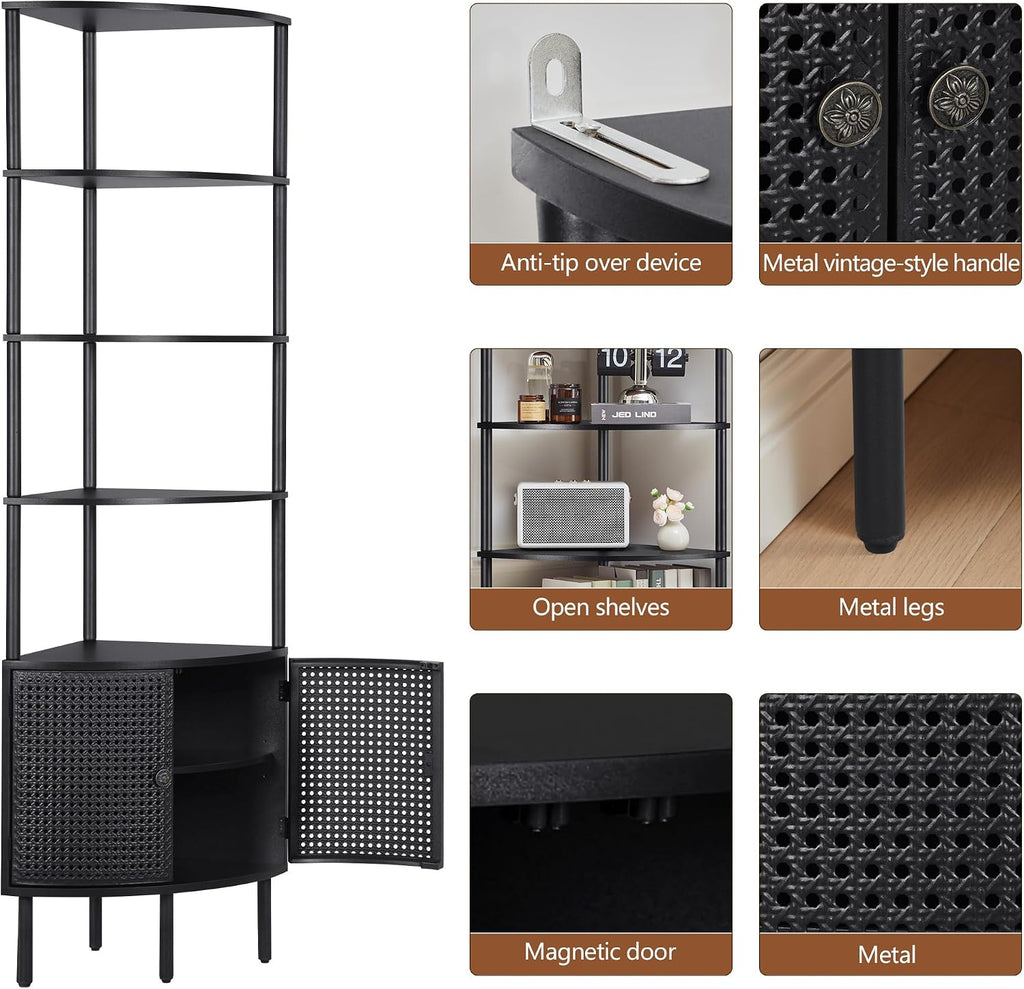Corner Book Shelf Organizer, Black Bookshelf with Doors, Tall Bookshelf Organizer, 5 Shelf Bookcase Shelf, Metal Book Shelf for Bedroom,Bathroom,Living Room,Kitchen - Black