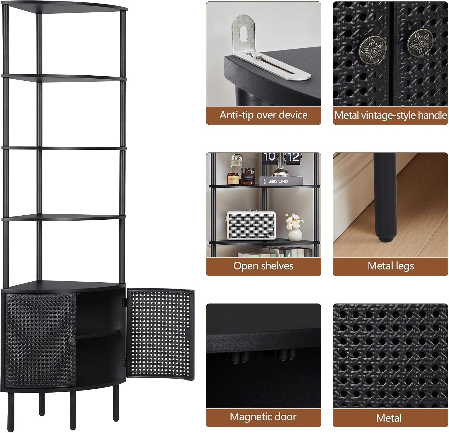Corner Book Shelf Organizer, Black Bookshelf with Doors, Tall Bookshelf Organizer, 5 Shelf Bookcase Shelf, Metal Book Shelf for Bedroom,Bathroom,Living Room,Kitchen - Black