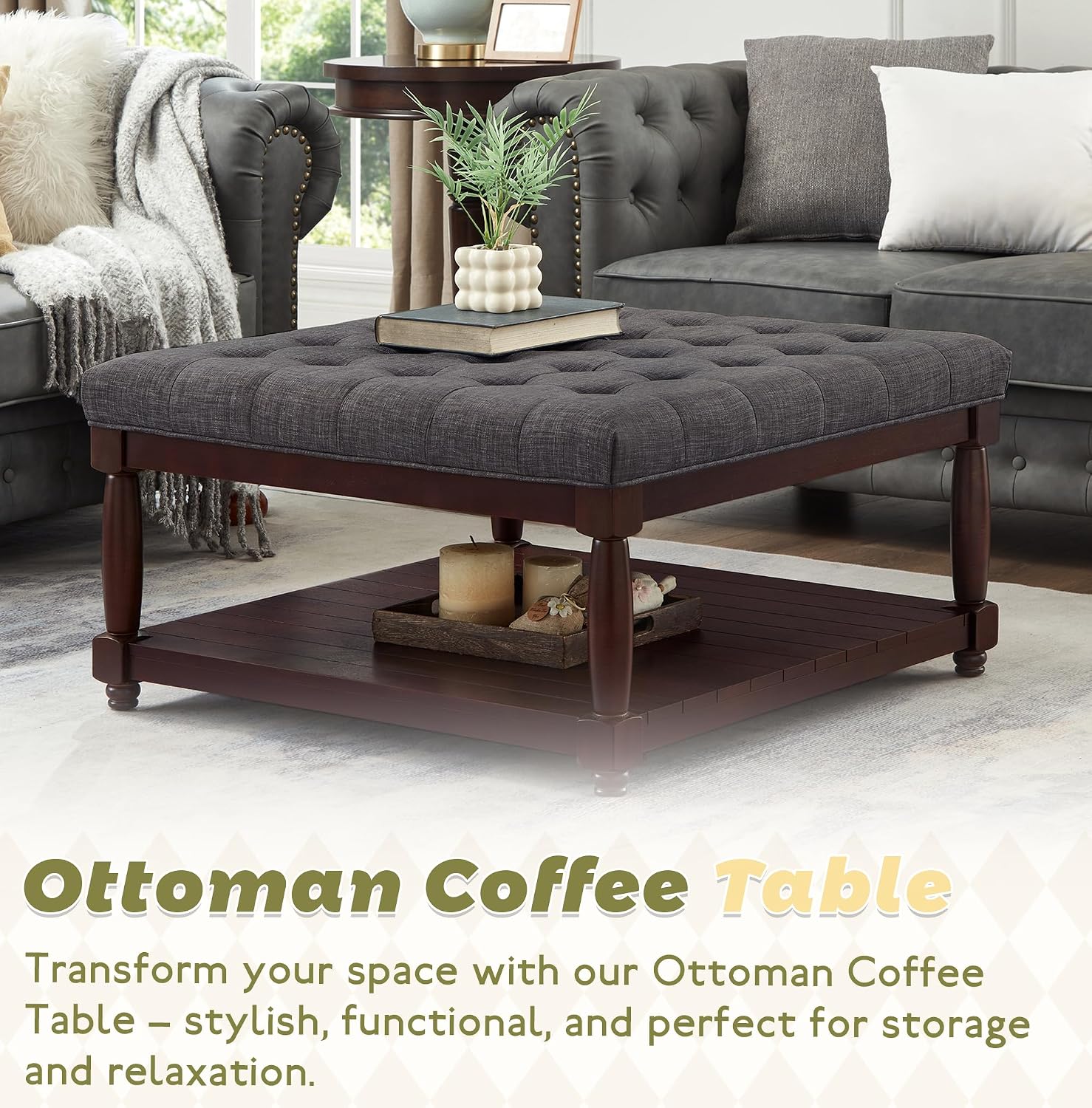 Ottoman Coffee Table, Upholstered Square Coffee Table with Storage Solid Wood Shelf, Linen Large Footrest Ottoman Pouf for Living Room, Dark Gray