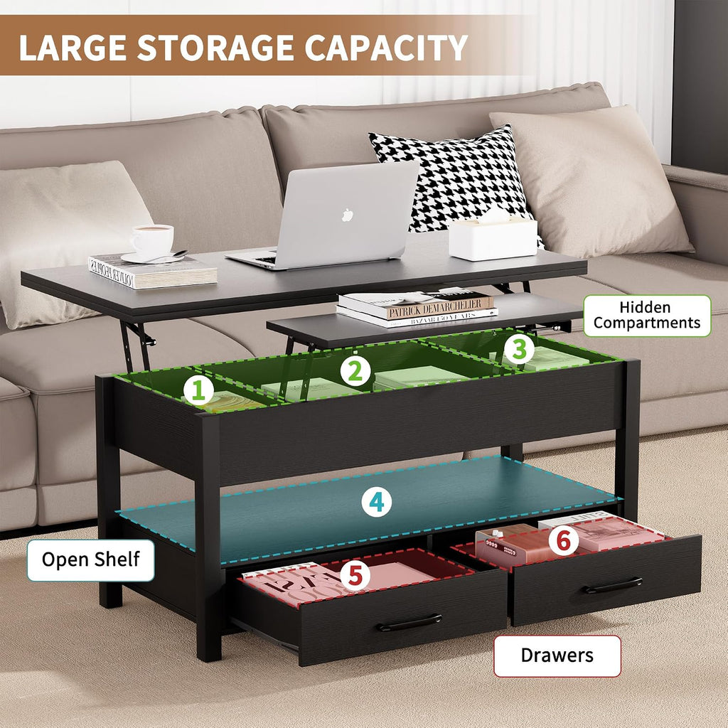 SYESWAY 42'' Lift Top Coffee Table, 4-in-1 Multifunctional Lift Coffee Table with Storage & Hidden Compartments, Farmhouse Coffe Table with Lifting top for Living Room, Dining Reception Room, Black