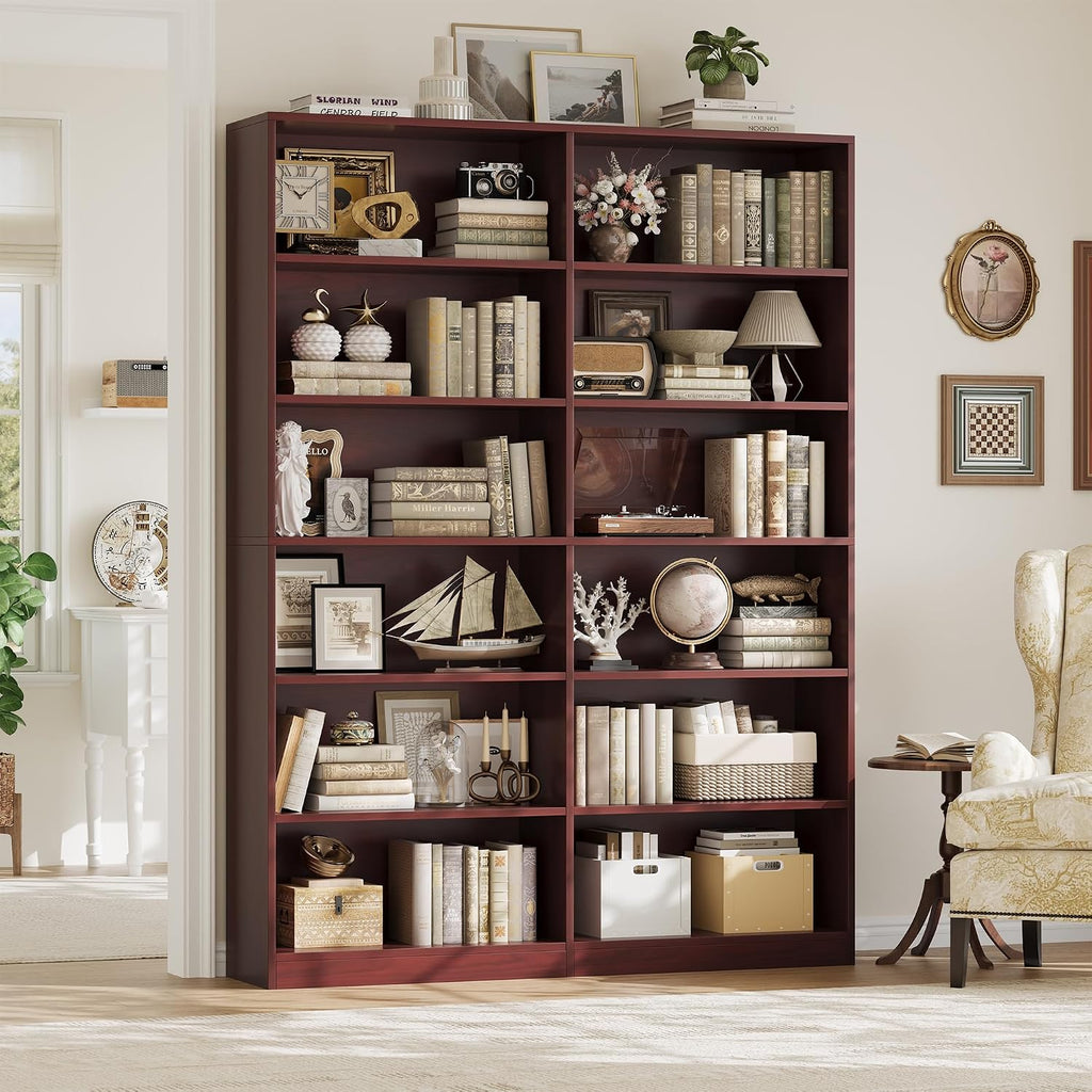 FACBOTALL Bookshelf and Bookcase, 6-Tier Double Wide Bookshelves,Freestanding Display Storage Shelves, Tall Bookcases for Home Decor Bedroom, Living Room, Home Office, Cherry