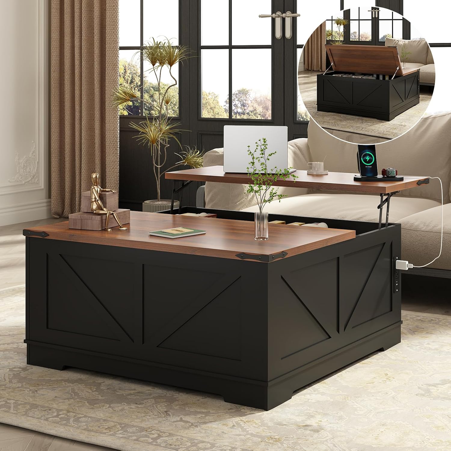EAG 40' Large Farmhouse Lift Top Coffee Table with Hidden Compartment & Power Outlets, Square Wooden Coffee Table with Multi-Function Flip-Top Ample Storage Center Table for Living Room, Black