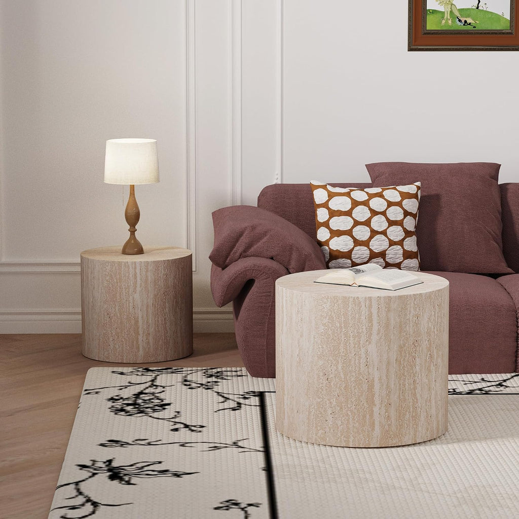 Round Coffee Table Set of 2 Modern Nesting Coffee Tables Wooden Drum Coffee Tables with Non-Slip Feet, Circle Nesting Tables End Table for Living Room Office, No Assembly (Travertine 18.11'+14.57')