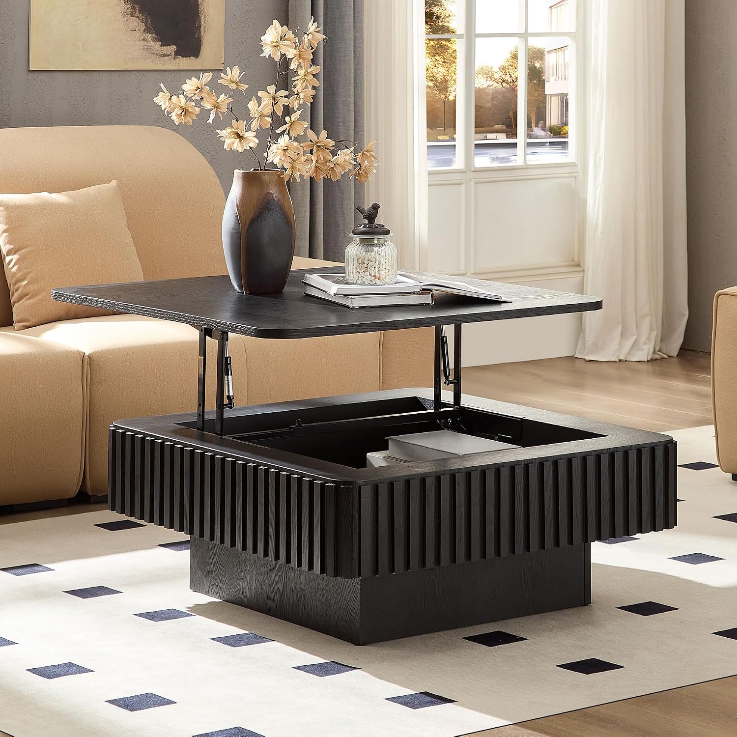 Lift Top Coffee Table Modern Handcraft Drum Coffee Table Table with Hidden Storage Space, Square Center Table for Living Room Apartment, Black