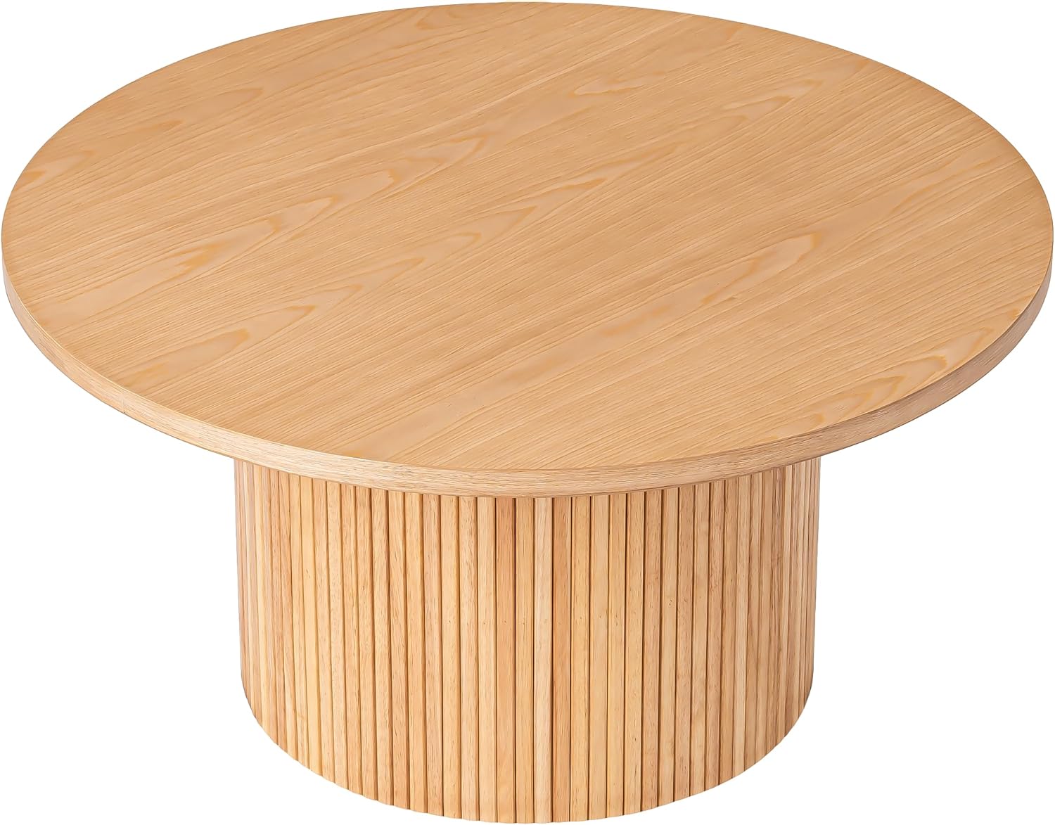 Large Round Wood Coffee Table, Mid Century Modern, Drum Shape, 35.5' Diameter, for Living Room, Natural Solid Wooden