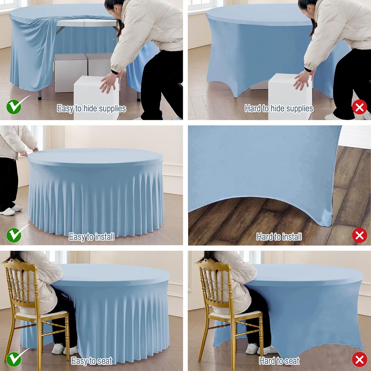 6 Pack Spandex Dusty Blue Round Tablecloths for 60in Tables, Stretchy 120inch Fitted 5FT Round Table Cloths, Wrinkle Free Table Cover with Skirt for Wedding Birthday Party Bridal Shower Banquet