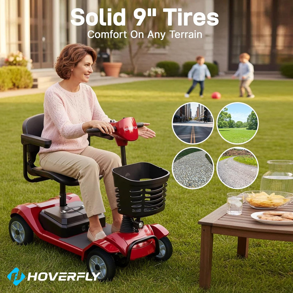 Hoverfly T4 Mobility Scooter for Seniors, Max 12.4-Mile Range & 3.7 mph, 3-Position Seat & Anti-slip Rear Wheel, Removed Battery&Quick Fold Design, Solid 9' Tire &330 lb Capacity, Ease of Assembly Red