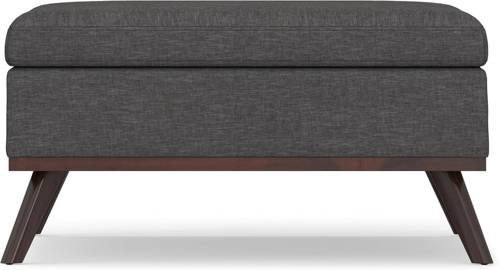 SIMPLIHOME Owen 36 inch Wide Mid Century Modern Square Coffee Table Storage Ottoman in Slate Grey Linen Look Fabric, Assembled, for the Living Room, Entryway and Family Room