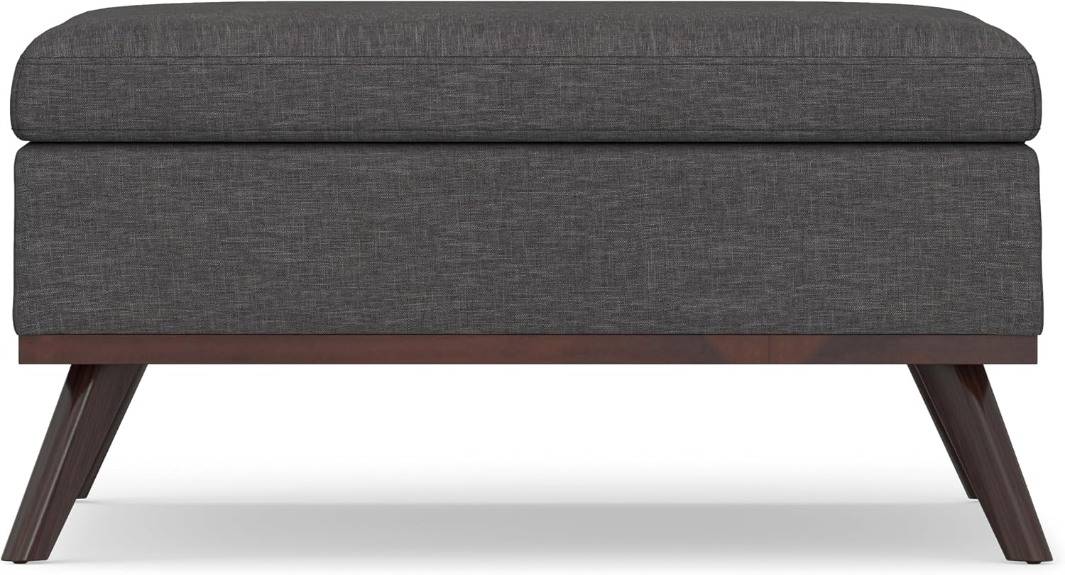 SIMPLIHOME Owen 36 inch Wide Mid Century Modern Square Coffee Table Storage Ottoman in Slate Grey Linen Look Fabric, Assembled, for the Living Room, Entryway and Family Room