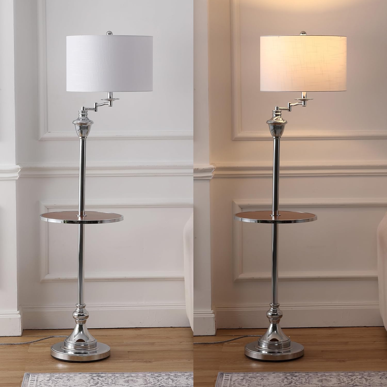 JONATHAN Y 60' Chrome Swing Arm Wood Integrated Side Tray Candlestick Tray Table Floor Lamp Traditional for Living Room Bedroom with White Linen Drum Shade LED Bulb Included JYL3055E