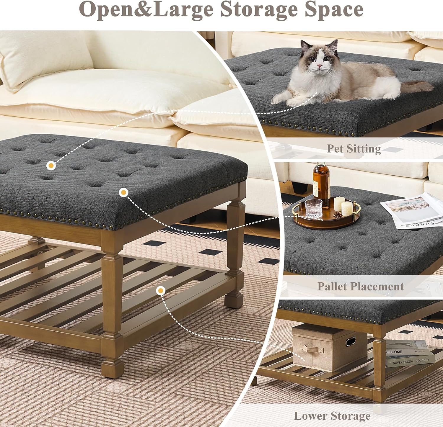 Befurtori Large Square Ottoman Coffee Table, Linen Solid Upholstered Footrest Ottoman with Solid Wood Shelf Storage Tufted Coffee Table for Bedroom Living Room-Dark Gray