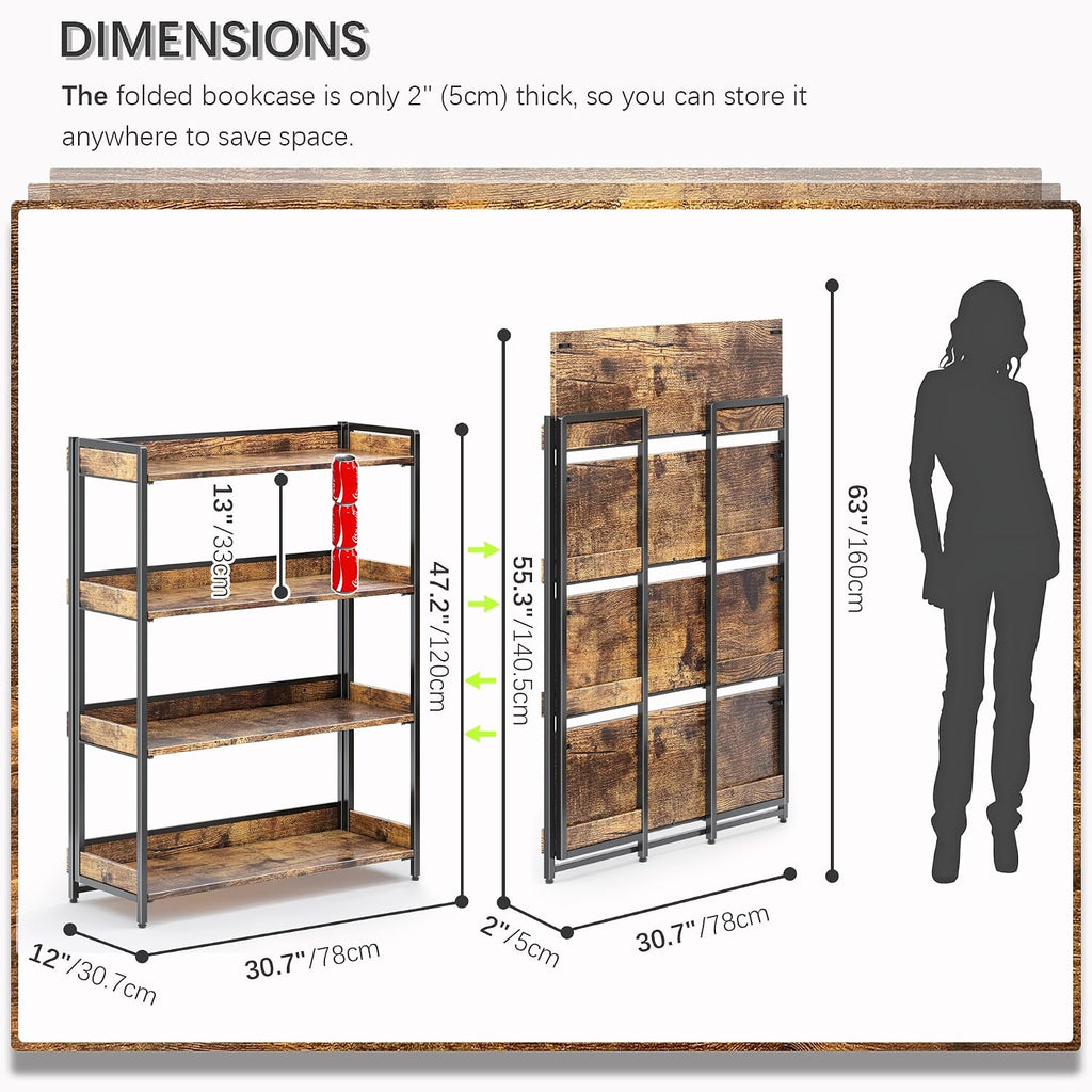 4NM Extra Wdie No Assembly Folding Bookshelf, 50.8' H x 30.9' W, 4 Tier Collapsible Book Shelf Bookcase Foldable Shelves for Bedroom Living Room Home Office - Rustic Brown & Black