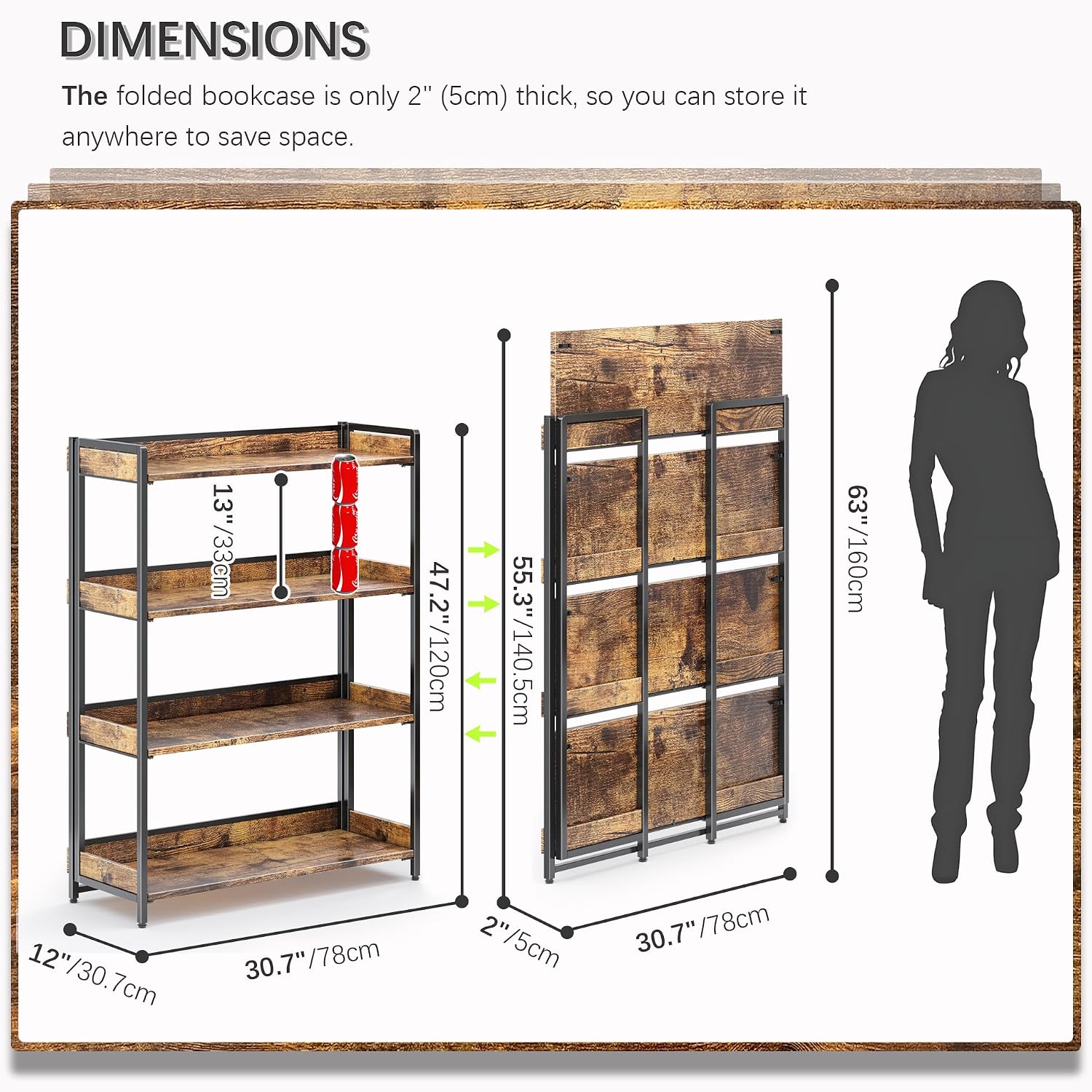 4NM Extra Wdie No Assembly Folding Bookshelf, 50.8' H x 30.9' W, 4 Tier Collapsible Book Shelf Bookcase Foldable Shelves for Bedroom Living Room Home Office - Rustic Brown & Black
