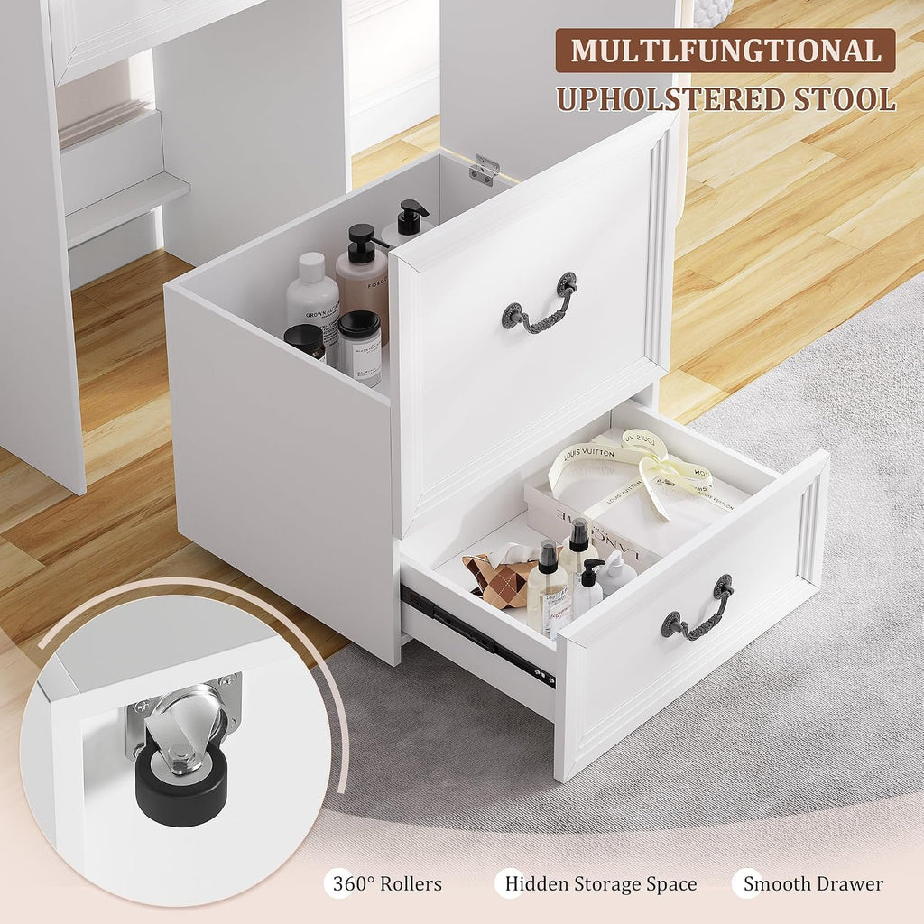 Compact Vanity with Mirror and Lights, Makeup Vanity Desk w/Storage Drawers & Shelves, Farmhouse Vanity Table with Hidden Chair for Bedroom, Dressing Table Gift for Girls Lady