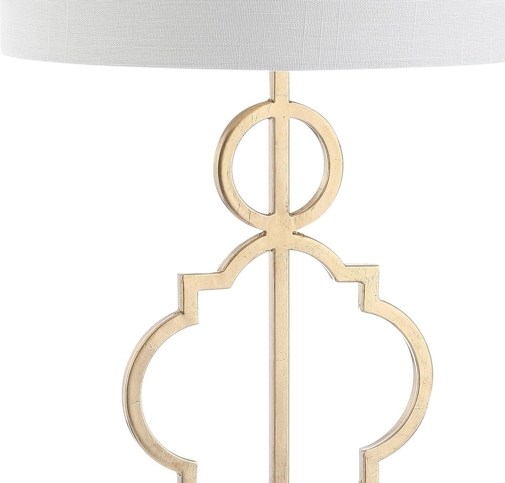 JONATHAN Y 31' Gold Modern Quatrefoil LED Table Lamp, Contemporary Metal Iron Lamp with White Marble Base and Linen Drum Shade for Living Room Bedroom, LED Bulb Included JYL3026A