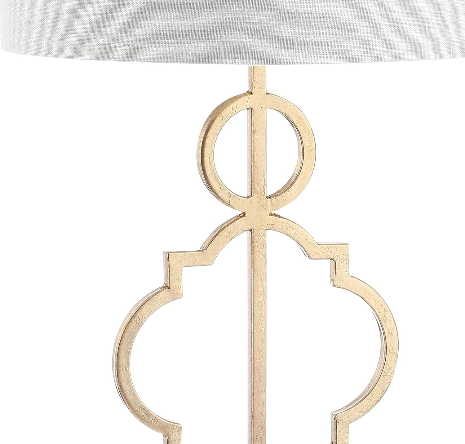 JONATHAN Y 31' Gold Modern Quatrefoil LED Table Lamp, Contemporary Metal Iron Lamp with White Marble Base and Linen Drum Shade for Living Room Bedroom, LED Bulb Included JYL3026A
