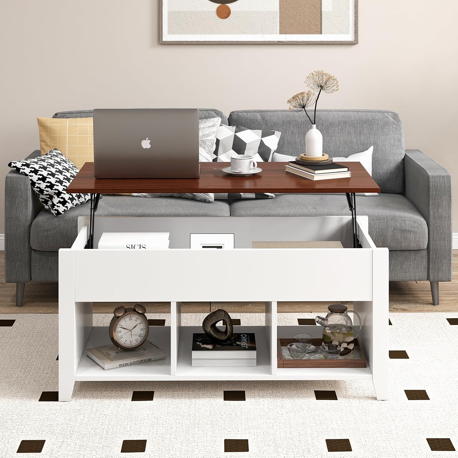 Tangkula Wood Lift Top Coffee Table, Modern Tea Storage with Hidden Compartment and Open Storage Shelf for Living Room Office Reception Room, Lift Center Table (White)