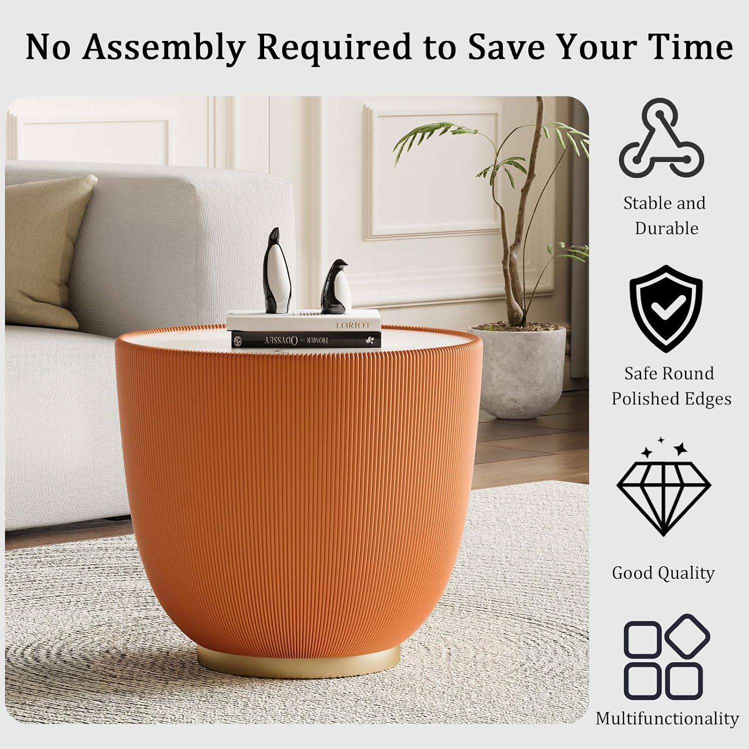 Round Coffee Table Set with Sintered Stone Tabletop, 27.56' Black Drum Center Table and 19.69' Orange Coffee Table Set, 2 Pieces Living Room Table Set with Fluted PU Leather Cover& Metal Base