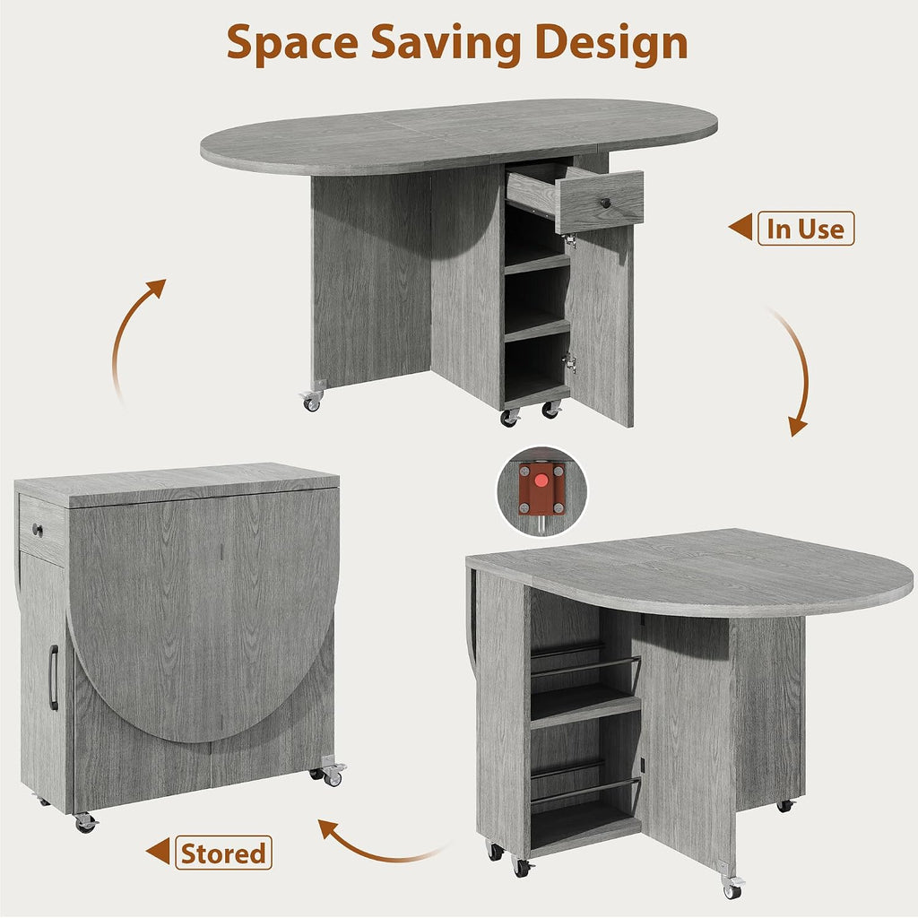 Jocoevol Round Folding Dining Table for 4, Space Saving Drop Leaf Kitchen Table with Storage Drawer, 6 Wheels Oval Gateleg Foldable Dining Table for Small Spaces (Grey, 47' x 23.6' x 30')