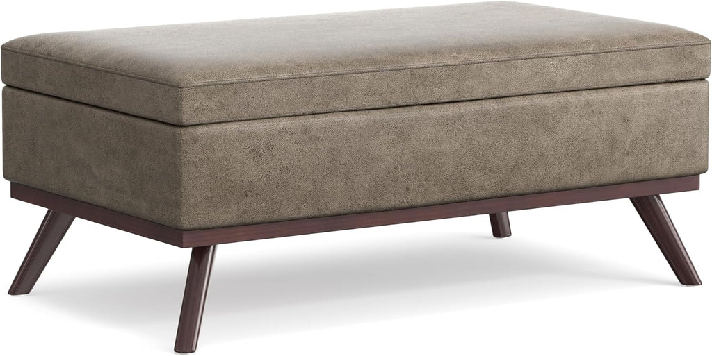 SIMPLIHOME Owen Lift Top Coffee Table Storage Ottoman - 42 inch Wide Upholstered Vegan Leather Rectangular Lift-Top Ottoman in Distressed Smoky Grey Brown, Mid-Century Modern Ottoman for Living Room