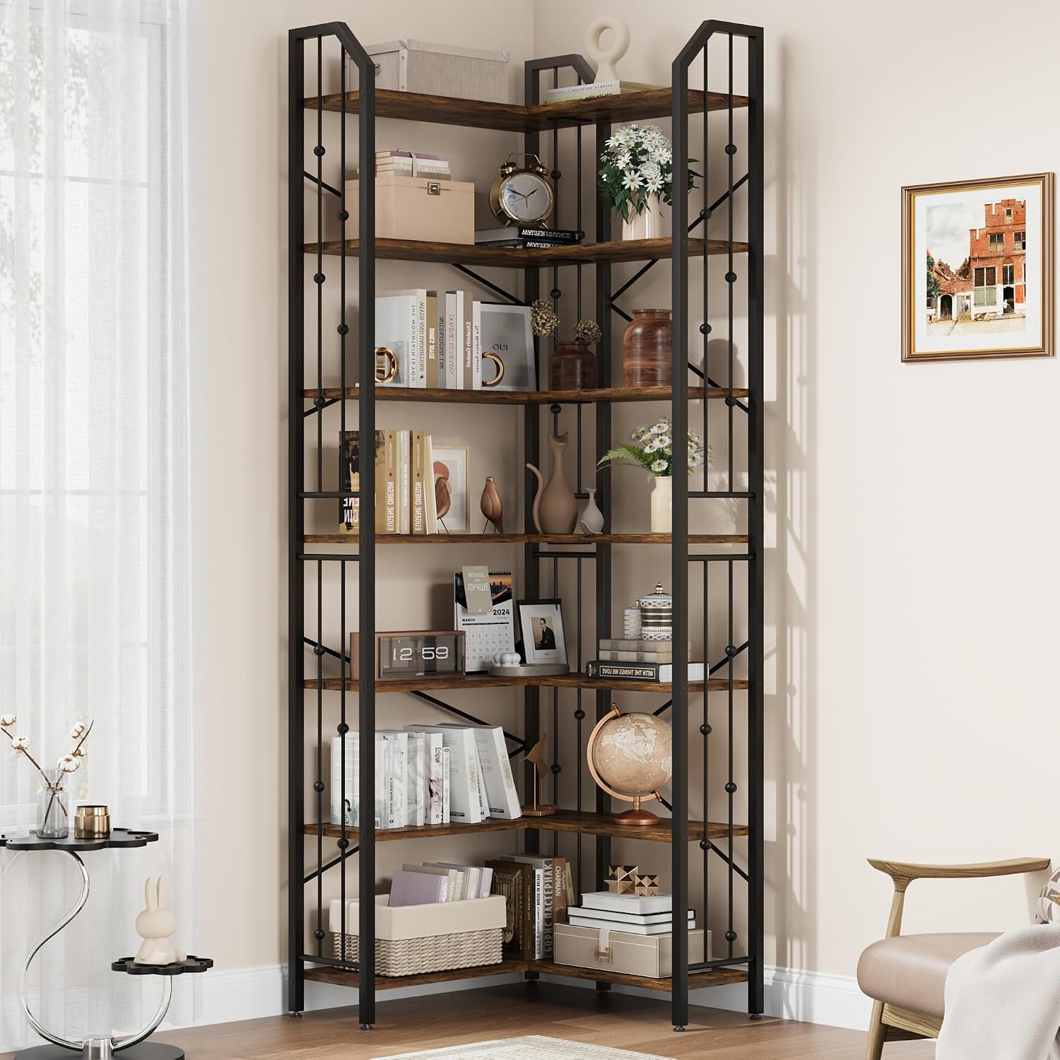 Takywep 86' Corner Bookshelf, l-Shaped 7 Tier Bookcase, Tall Corner Bookcase with Beaded Design, Large Display Shelf for Living Room Bedroom Brown