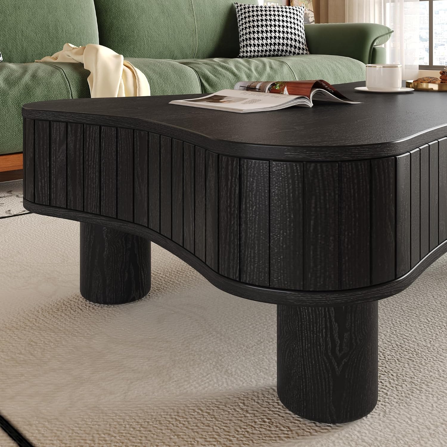 42' Cloud Fluted Lift Top Coffee Table with Hidden & Open Storage, Modern Center Table with Hydraulic Raising Mechanism, Irregular Shape Tea Table with Curved Safety Corners, Black