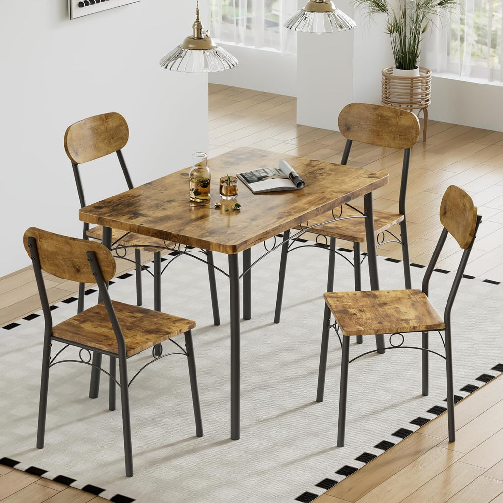 VECELO Dining Table Set for 4, 5-Piece Kitchen Table with 4 Chairs, MDF Board Tabletop with Metal Frame for Small Space, Compact Dinette, Breakfast Nook, Brown