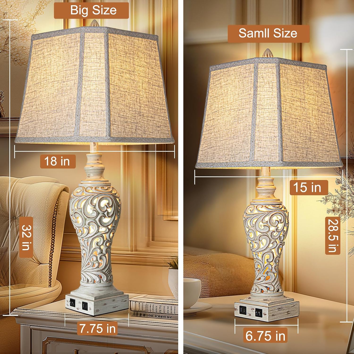LuxSight Collection 32' Tall Table Lamps Set of 2 - Bedside Lamp with Fabric Shades - for Bedroom and Living Room with USB and Nightlight - Perfect for Nightstands and Bedrooms - Bulbs Included