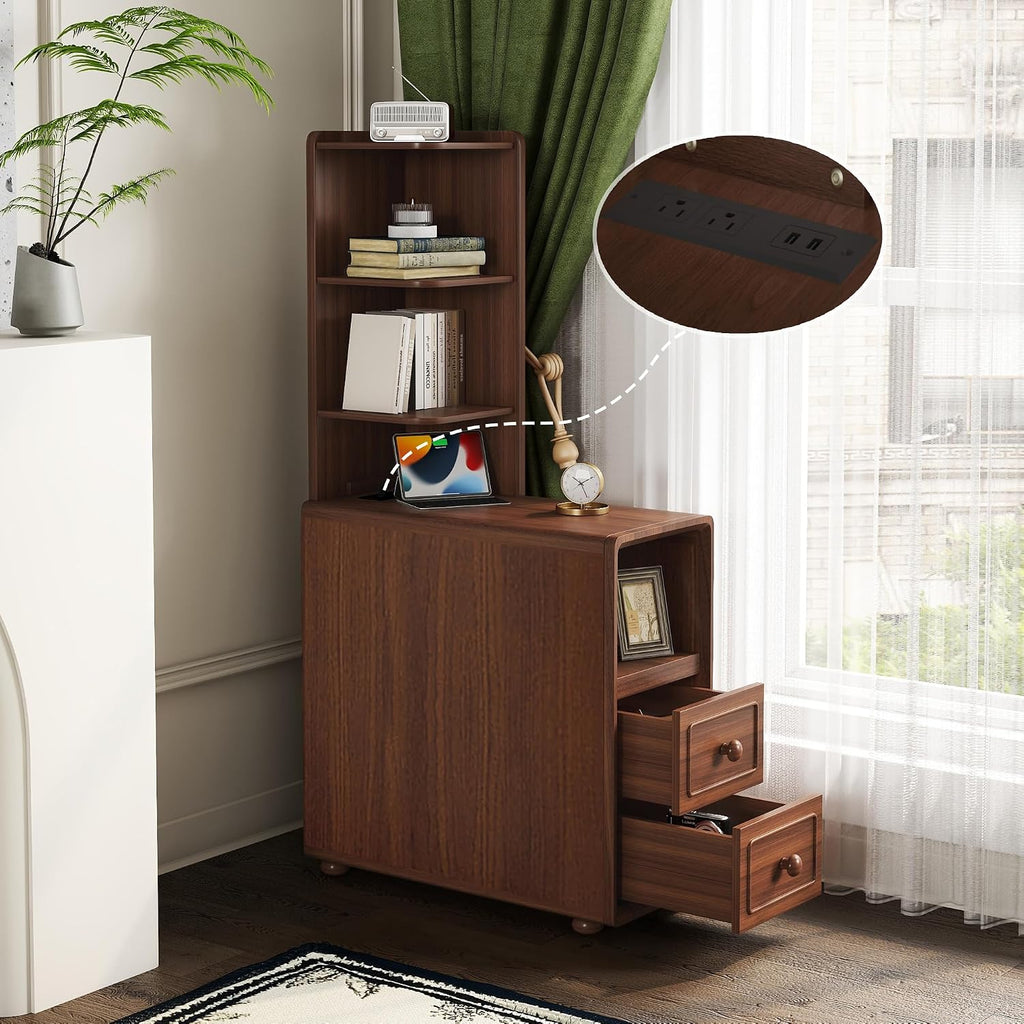 Mirightone Wood End Table Corner Side Table with Drawers & Open Shelves, Tall Sofa Side Table, Narrow Tables Bedside Table Nightstands with Charging Station for Living Room, Bedroom (Walnut)