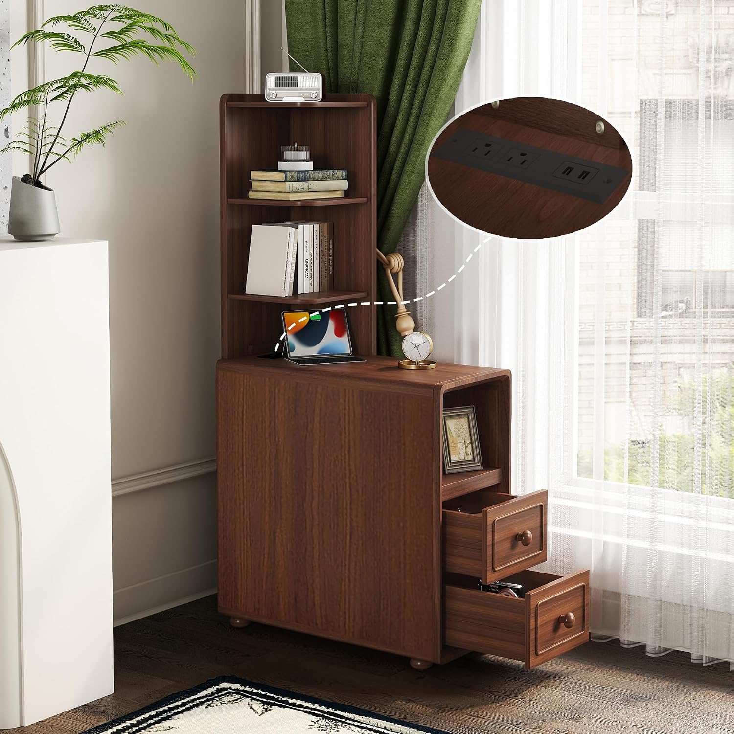 Mirightone Wood End Table Corner Side Table with Drawers & Open Shelves, Tall Sofa Side Table, Narrow Tables Bedside Table Nightstands with Charging Station for Living Room, Bedroom (Walnut)