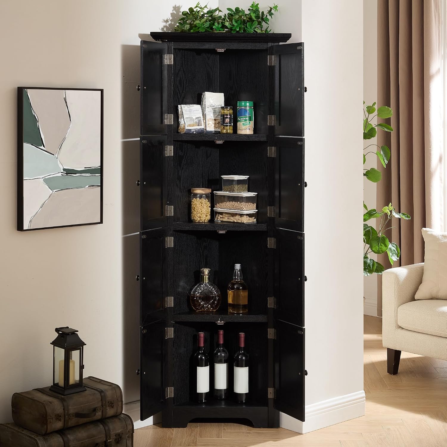 Tall Corner Bookcase Storage Cabinet with Doors and 4 Shelves, Freestanding Triangle Cabinet for Living Room, Kitchen, Office, Small Space, Floor Corner Storage Rack (Black2)