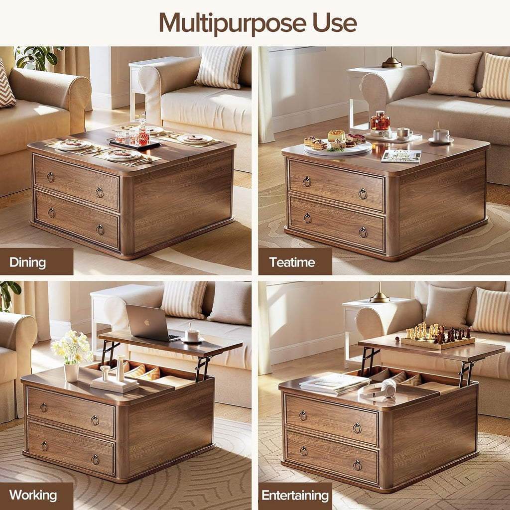 Memobarco 31.5' Lift Top Coffee Table with Storage,Square Coffee Tables with Lifting top for Living Room,Farmhouse Coffee Table with Large Drawers and 2 Hidden Compartment,Walnut