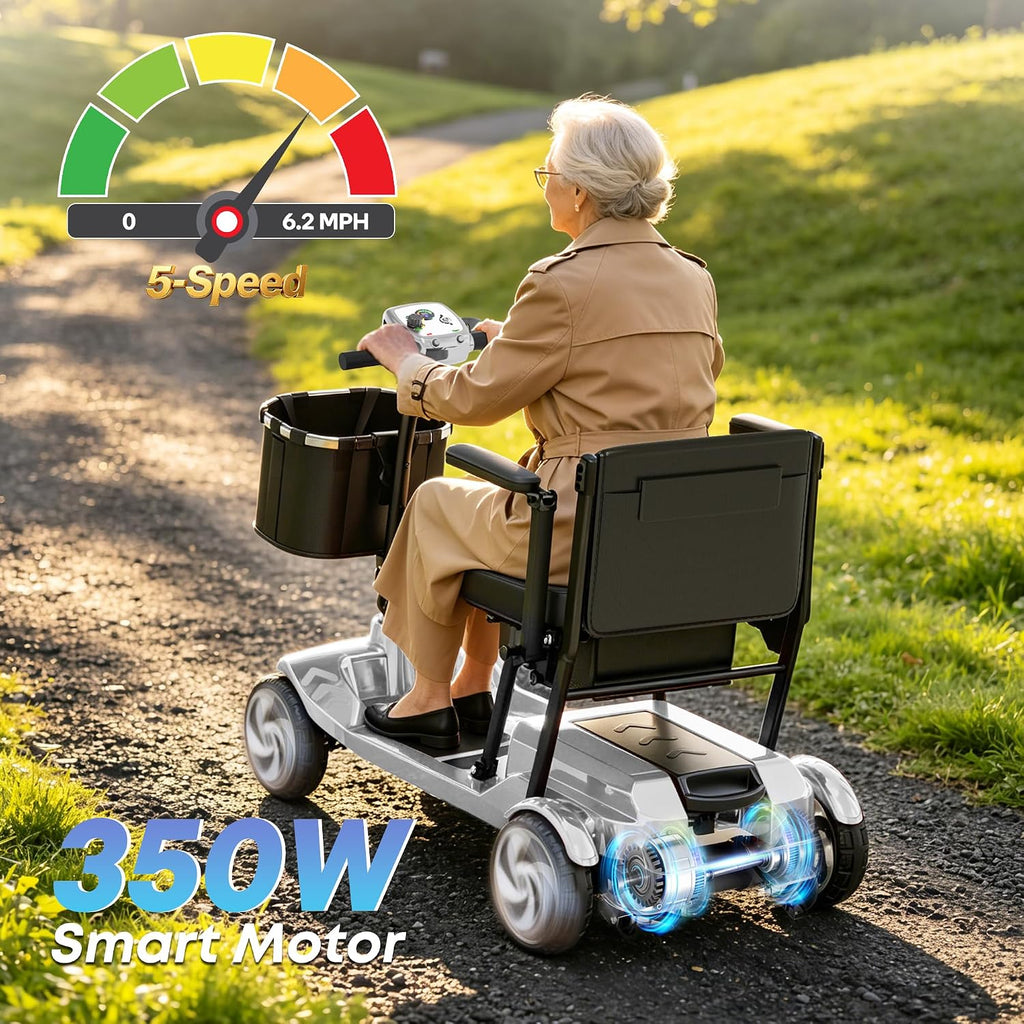 Mobility Scooters, Lightweight Electric Scooters for Seniors&Adults | 49lb Aluminum Frame with Removable Battery, Foldable Motorized Scooters for Trips, Shopping, Daily Use, Bright Silver, 10 Ah