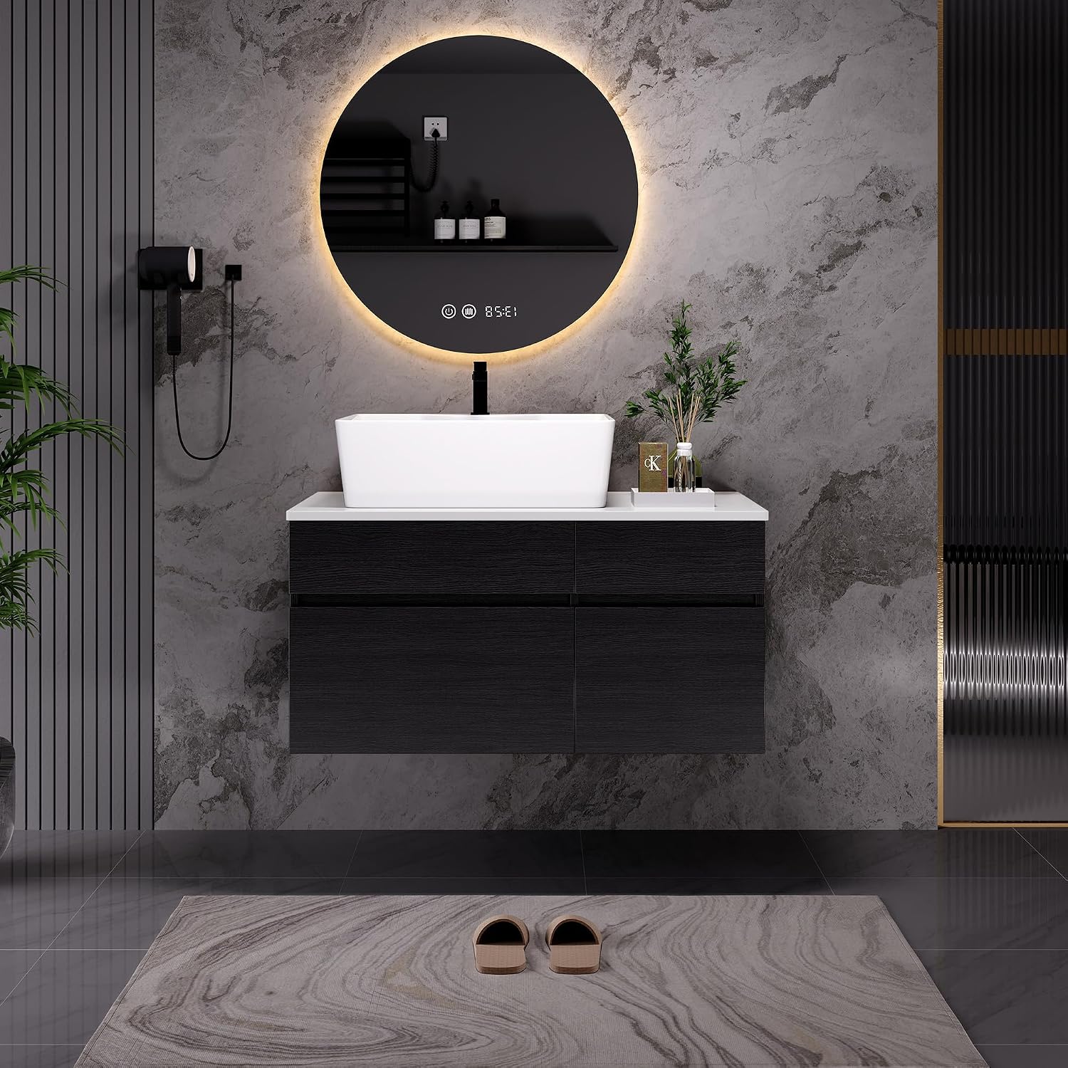 31.5' Bathroom Vanity with Ceramic Sink & MDF Top,Floating Vanity Bathroom Sink Cabinet Wall Mount with Hidden Drawers & Soft Closing Cabinet Door for Organizer