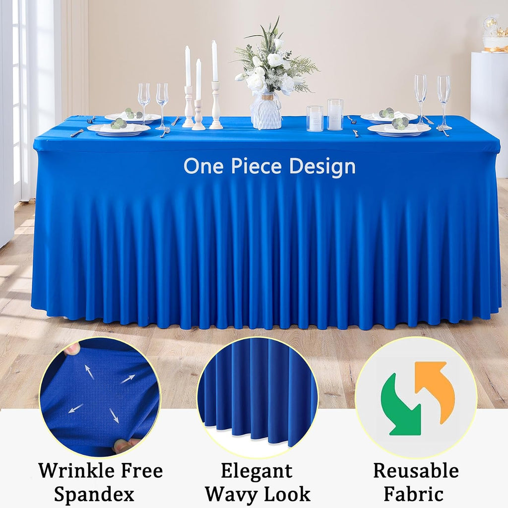 6 Pack Royal Blue Spandex Tablecloths for 8 Foot Rectangle Tables, Wrinkle Free Fitted Tablecover 8ft Stretchy Table Cloth with Skirt for Weddings Birthday Party Banquet Baby Shower