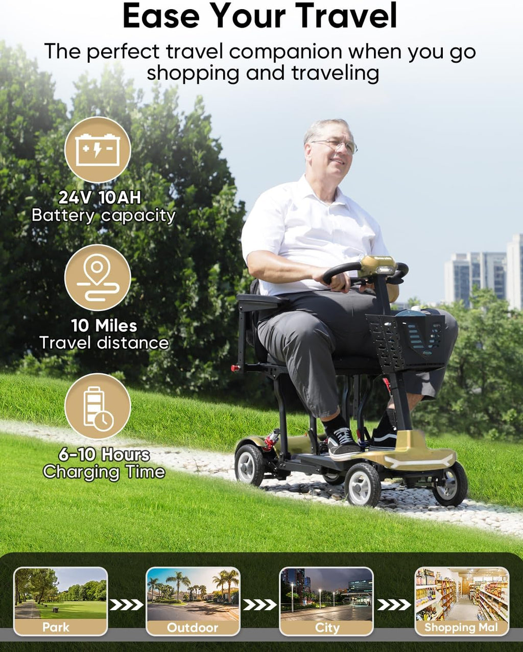 Ultra Light Folding Mobility Scooters for Adults Seniors - 37.5 lbs - 4 Wheel Electric Scooters Airline Cruise Approved for Travel, All Terrain Motorized Scooter, 275 lbs Capacity, Gold
