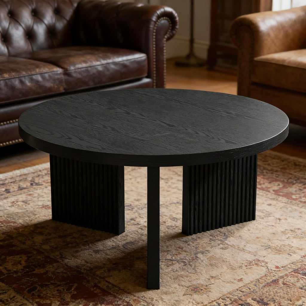 Wooden Round Coffee Table, 35' Coffee Table with Smooth Thick Mesa, Low Circle Center Table with X Shaped Stable Legs, Accent Tea Table for Living Room, Office, Black
